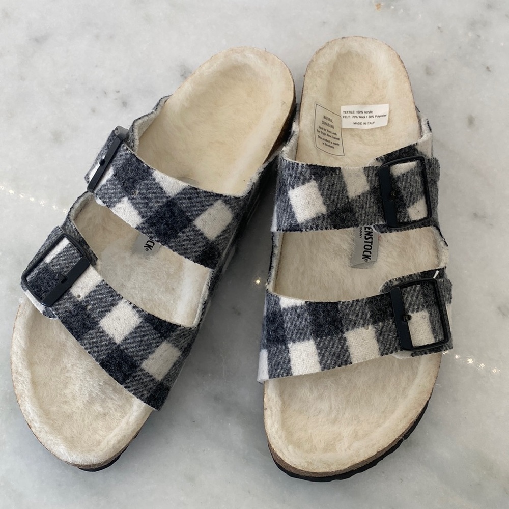 Birkenstock Black and White Plaid Arizona Shearling Lined Sandals